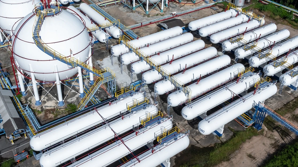 Aerial View - White Sphere and bullet lpg pressure vessels.