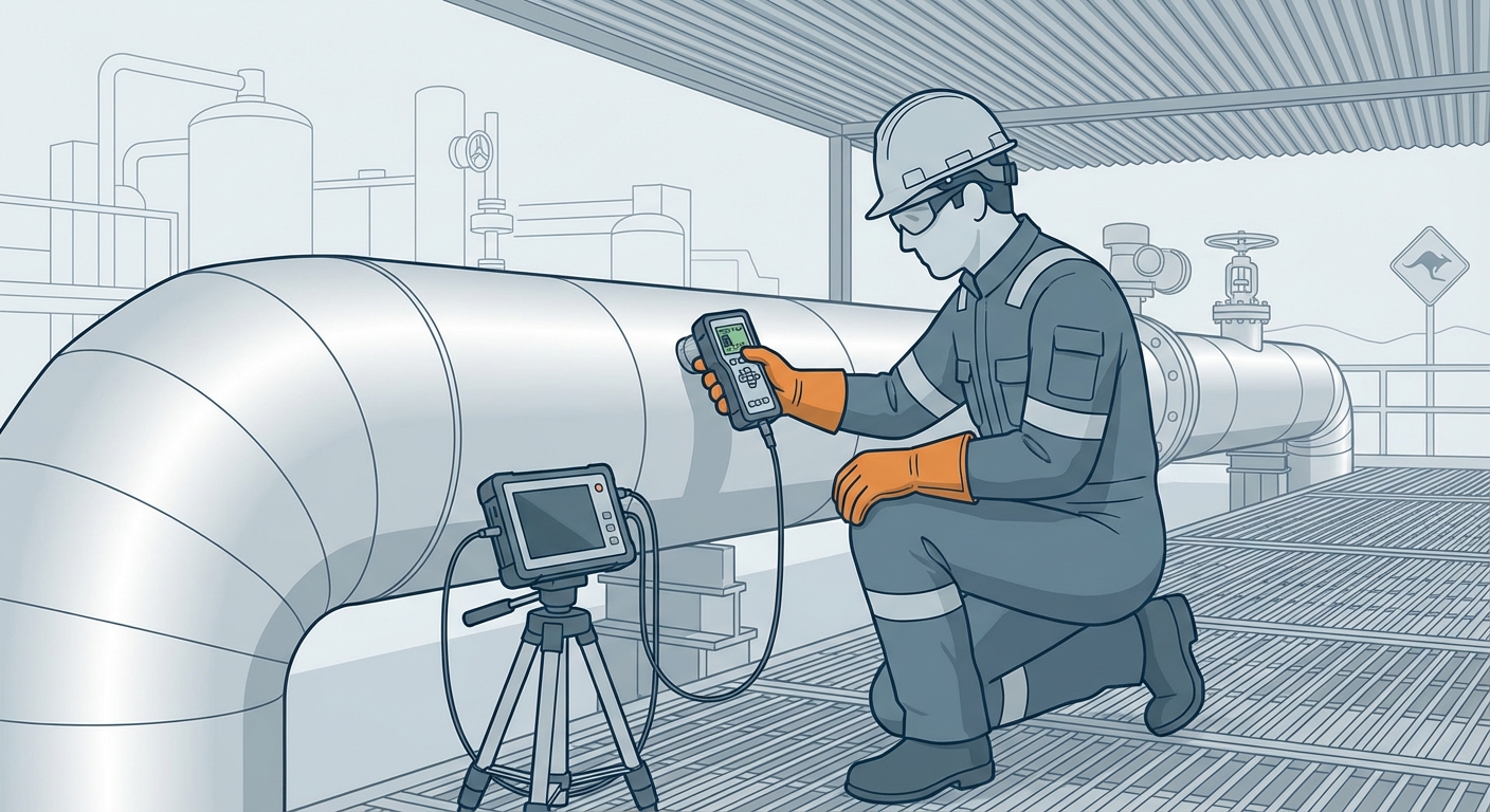 Technician using ultrasonic NDT equipment to inspect insulated plant piping for corrosion under insulation in an Australian industrial facility