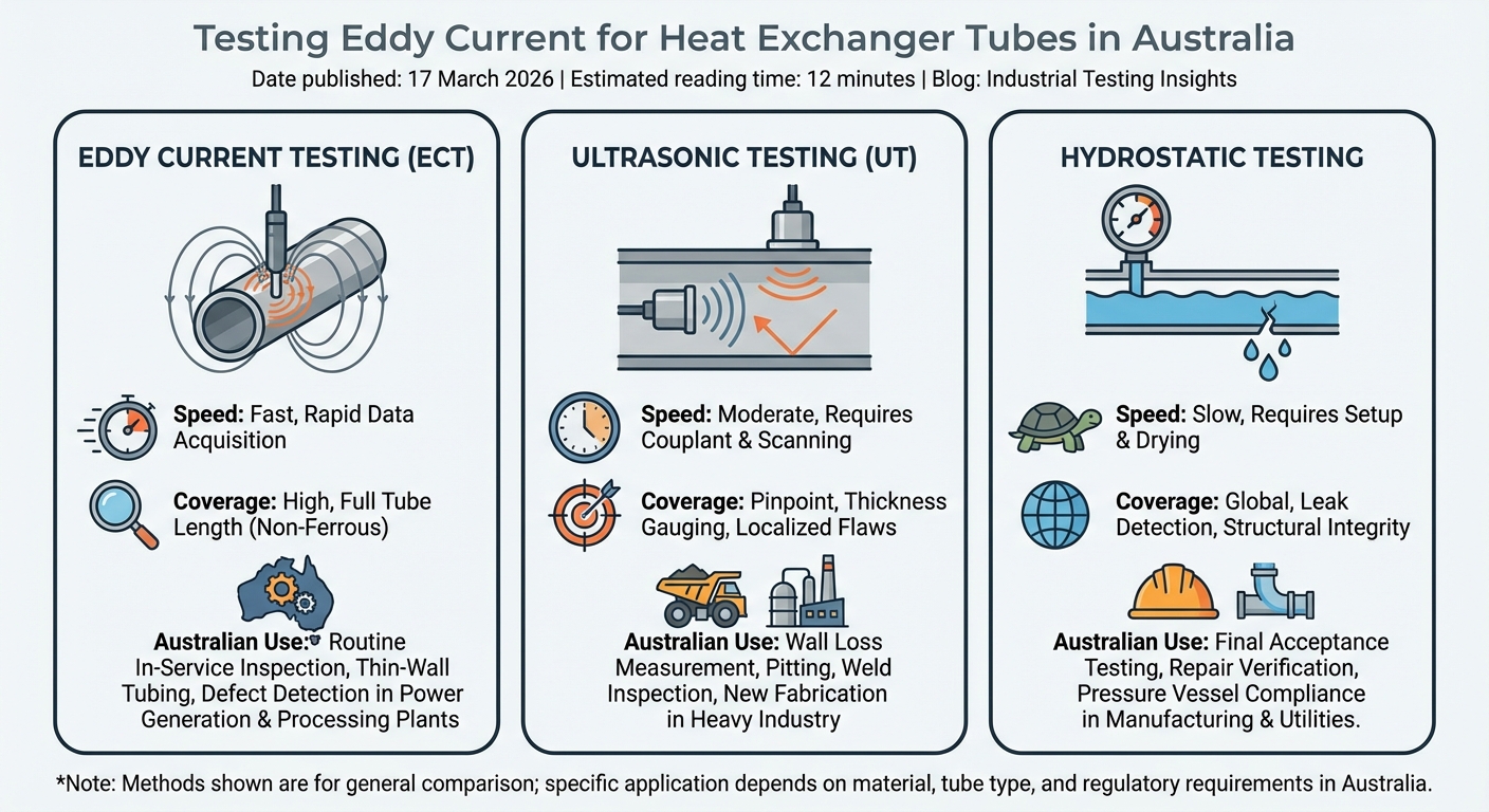 Comparison chart of eddy current, ultrasonic and hydrostatic testing methods for Australian heat exchanger tube inspection and maintenance