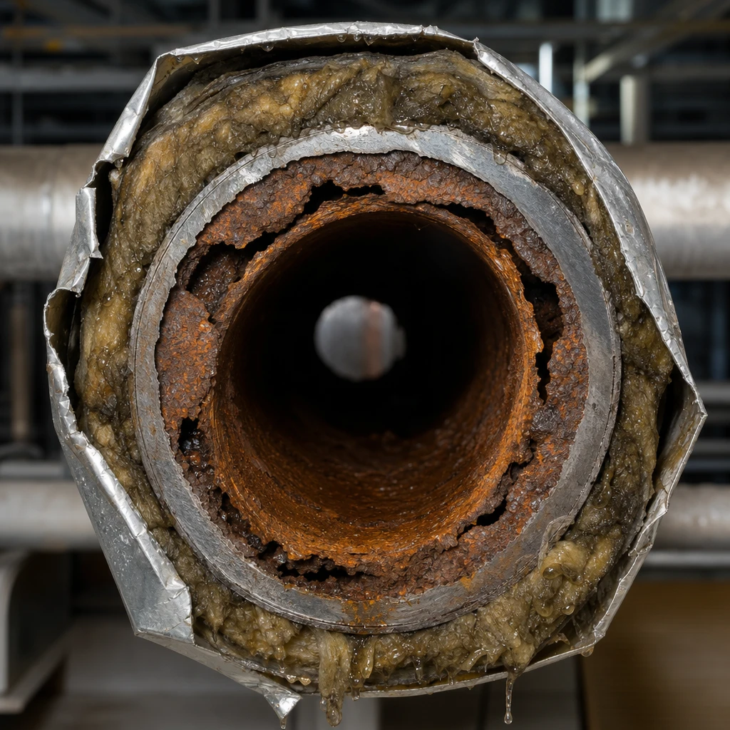 Cross-section of an insulated industrial pipe revealing hidden corrosion under insulation