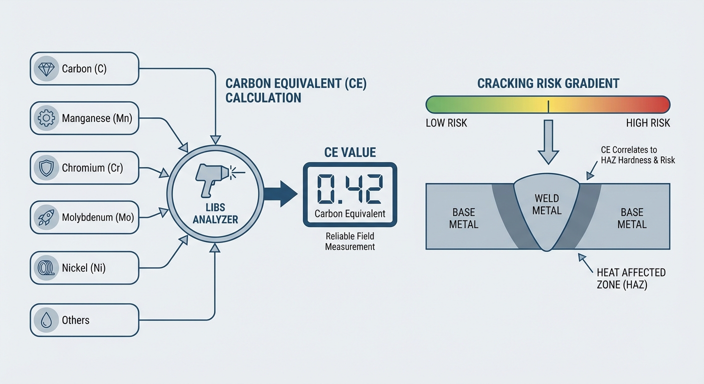 Diagram showing handheld LIBS inputs for carbon equivalent formula and CE number linked to weld cracking risk in steel heat-affected zone