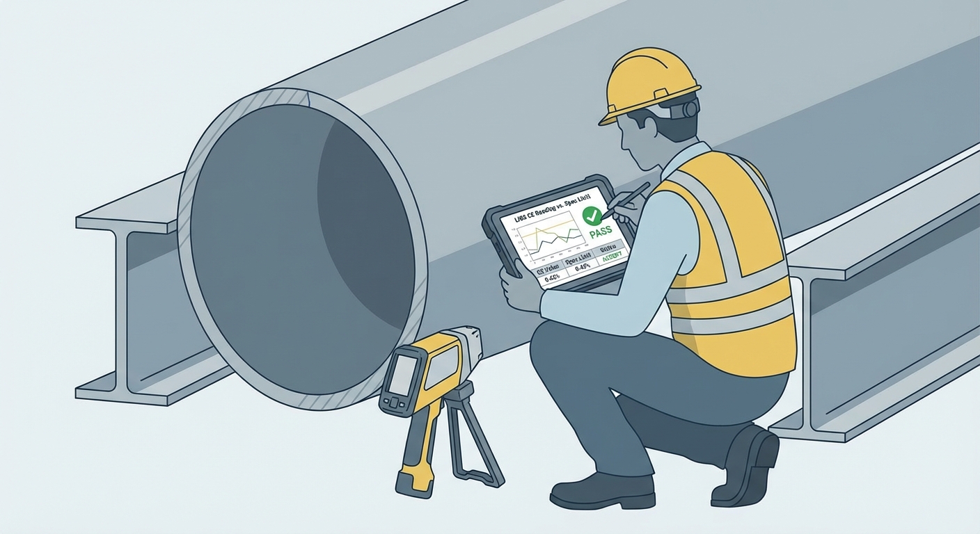 Field technician using handheld LIBS and tablet to verify carbon LIBS equivalency and CE pass results on a large pipeline section