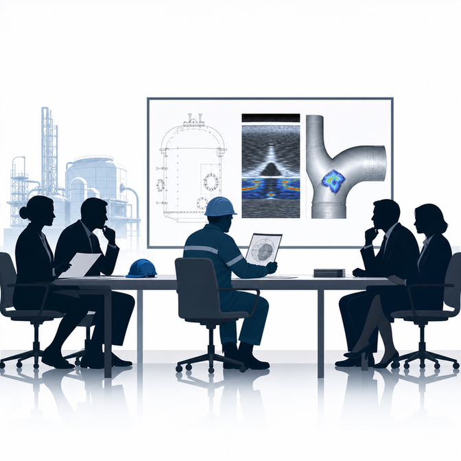 Independent ISO 17020 Type A inspection team reviewing NDT scan results and asset integrity diagrams in a refinery boardroom