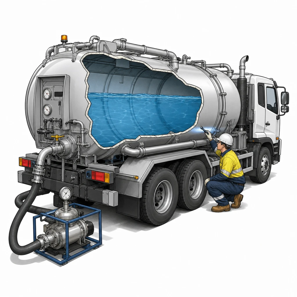Technician inspecting water-filled vac truck tank under pressure during hydrostatic testing to check for leaks and structural weaknesses