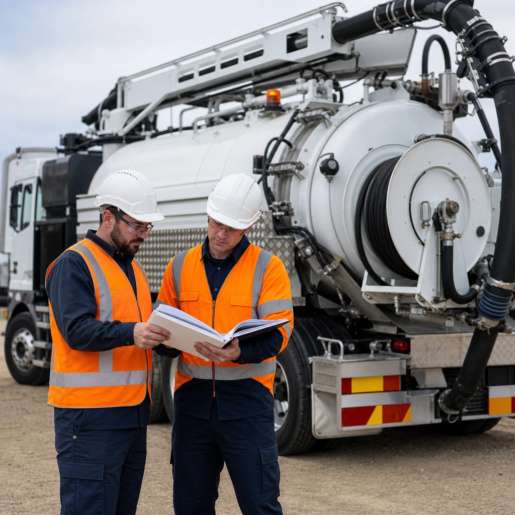 Vac truck inspectors in high-vis vests reviewing hydrostatic testing documents beside a vacuum truck to ensure tank safety and compliance