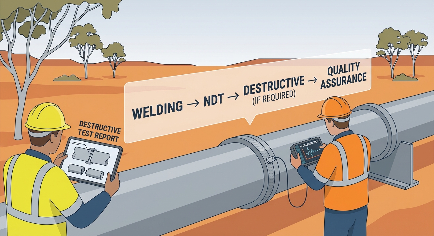 Inspectors performing NDT and reviewing destructive test reports on a welded pipeline in the Australian outback